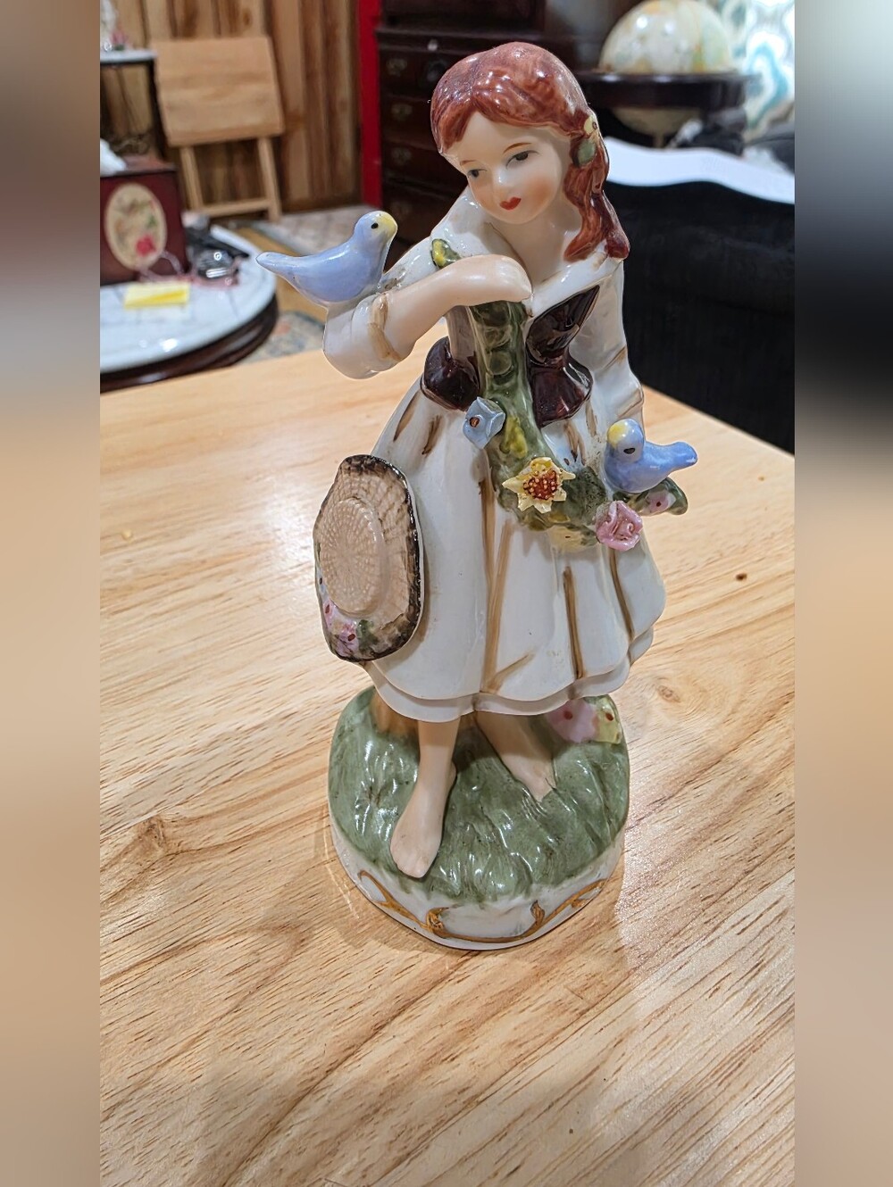 Porcelain Figurine Girl with Birds - Hand-Painted Accent